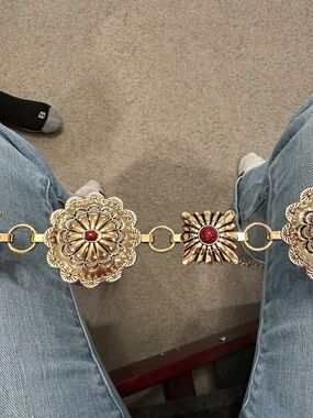 Gold Concho Belt with Red Stone Accents